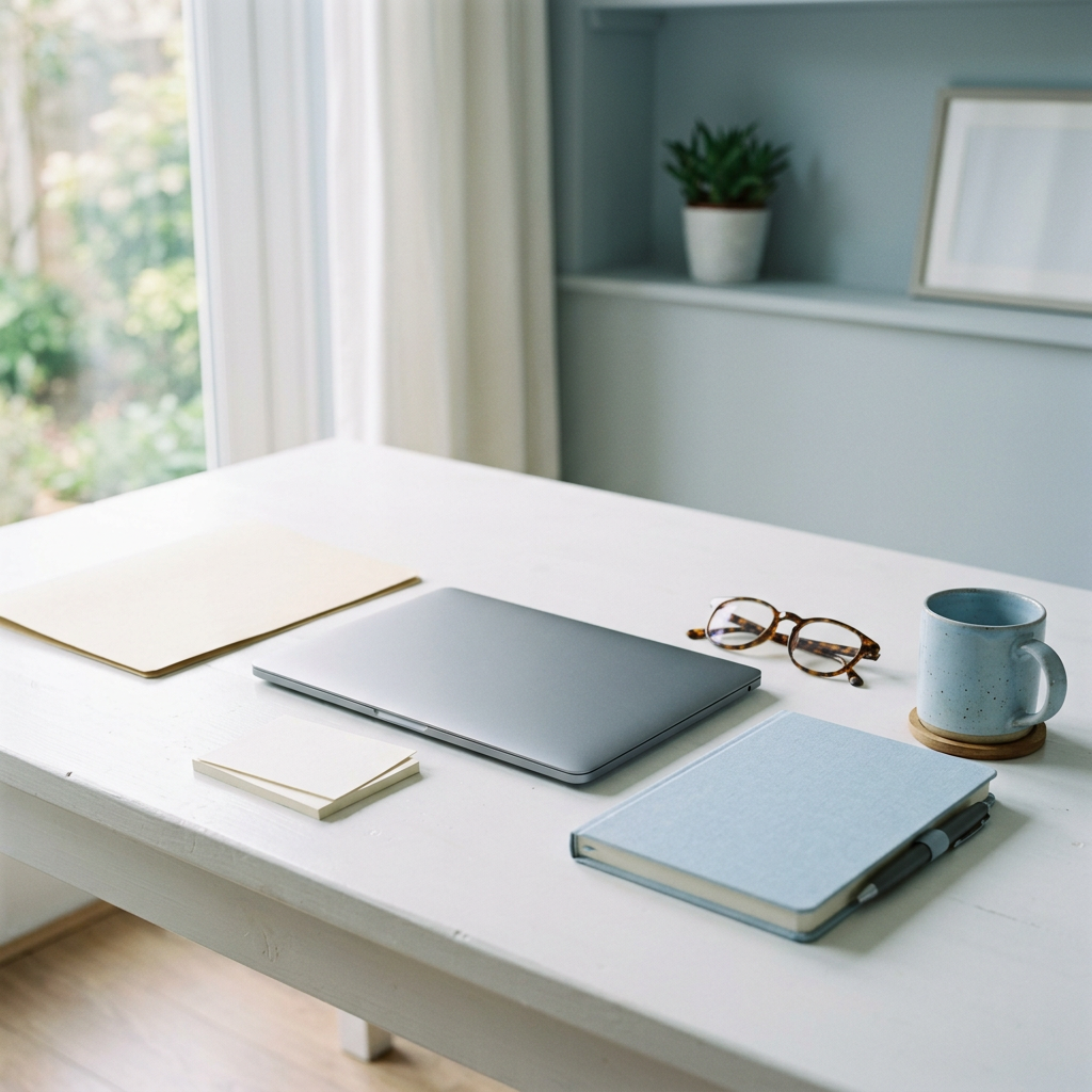 Un bureau clair avec un ordinateur fermé, un carnet et des lunettes